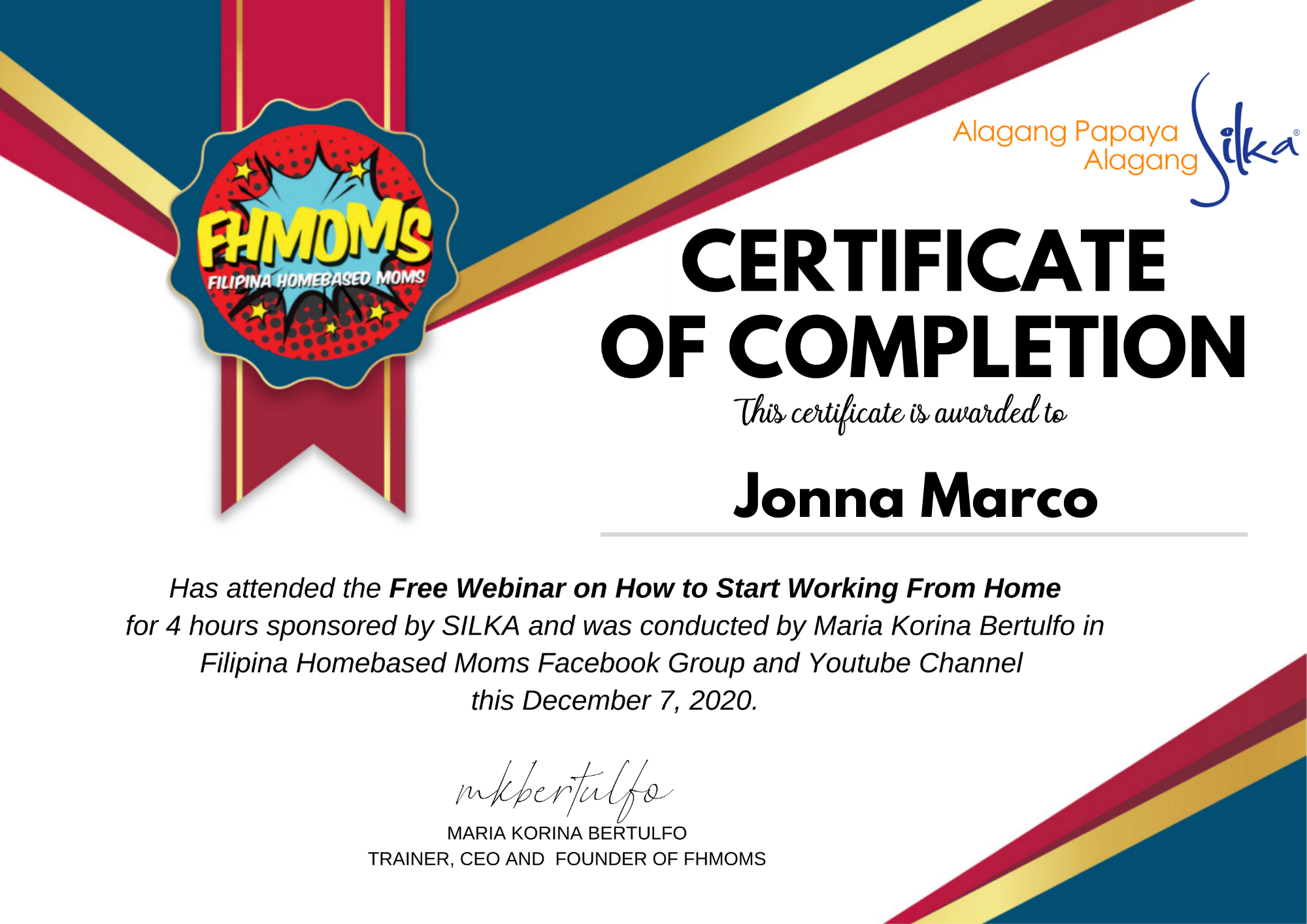 Certificate of Completion (Free Webinar on How to Working From Home)