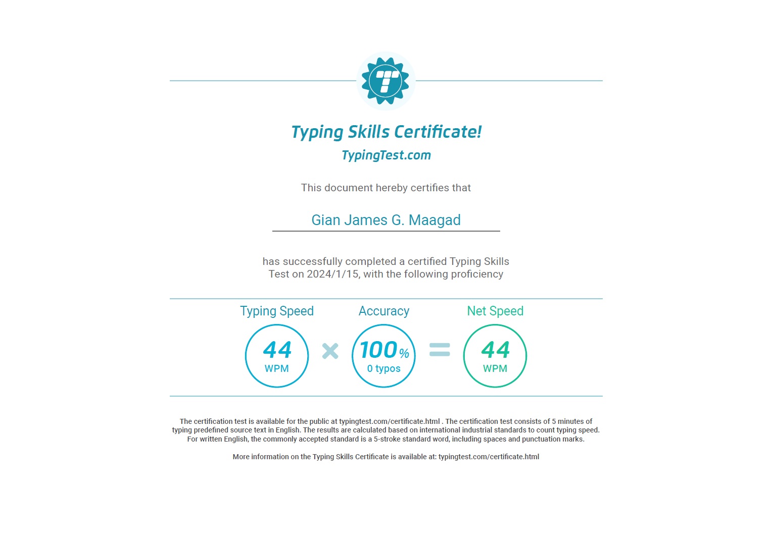 Typing Test Certificate
