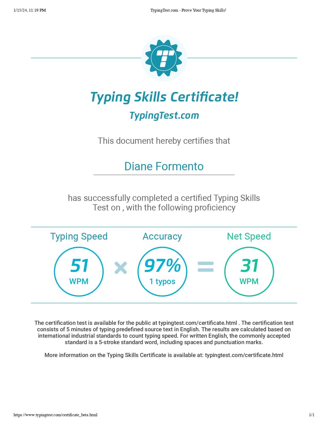Typing Test Certificate