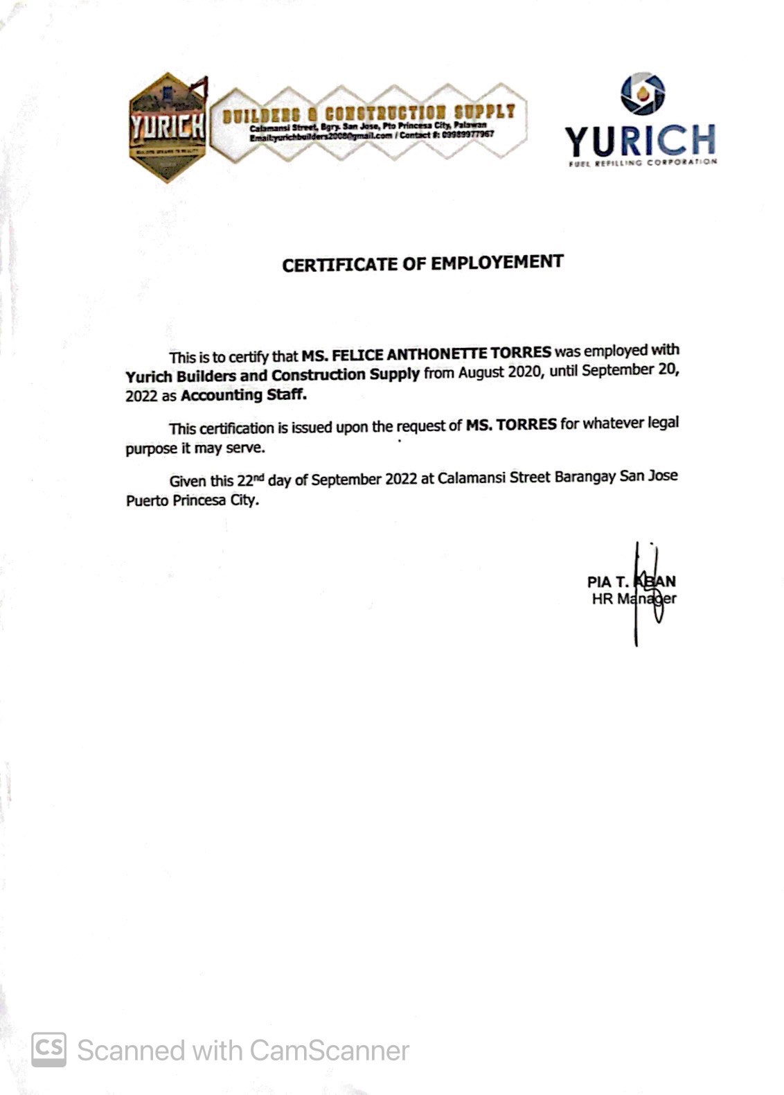 Certificate of Employment- Yurich Builders and Construction Supply