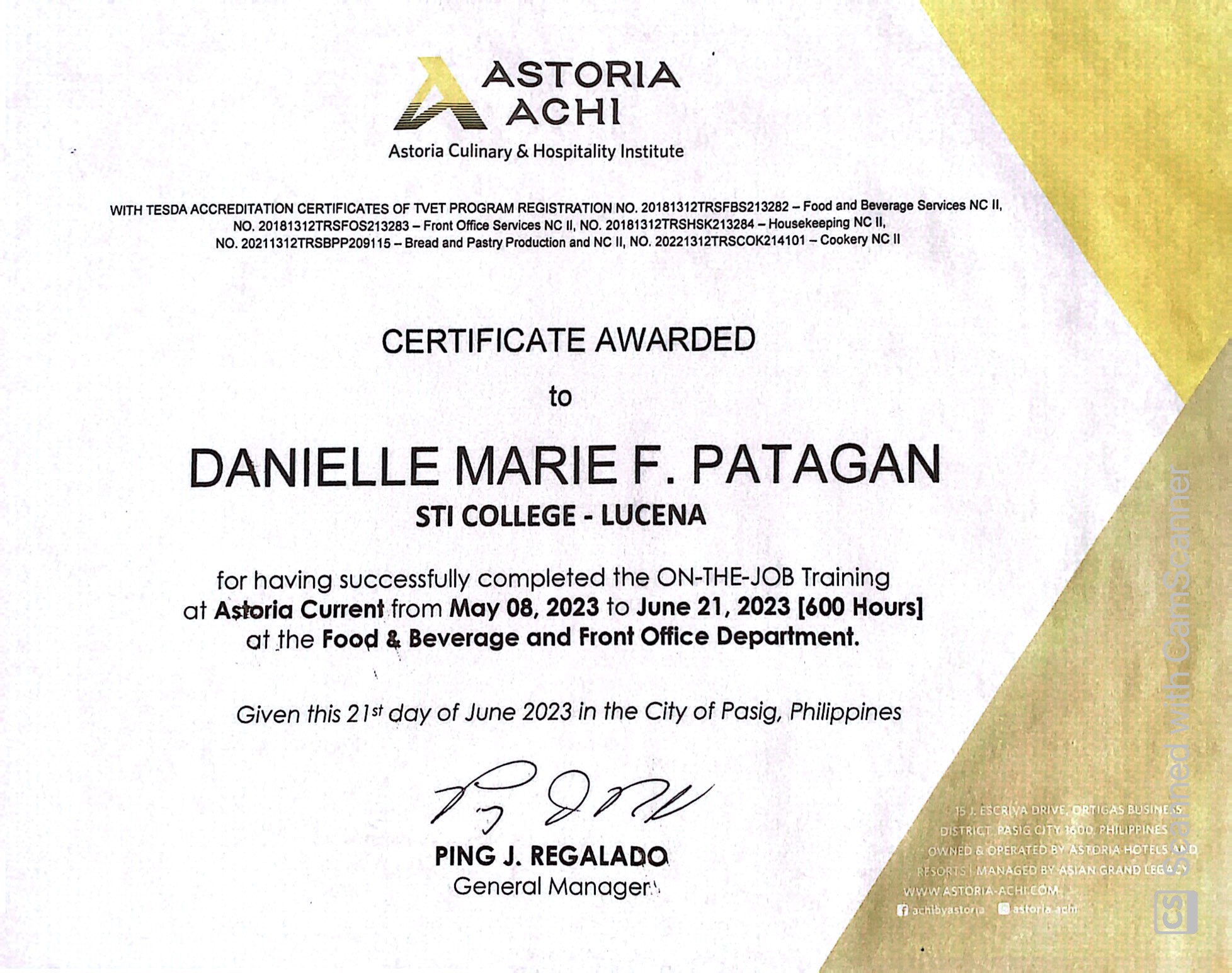 Astoria Boracau On-the-job training