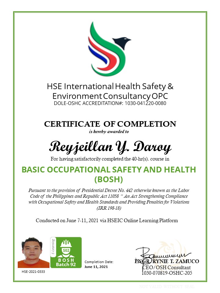 SAFETY OFFICER CERTIFICATE