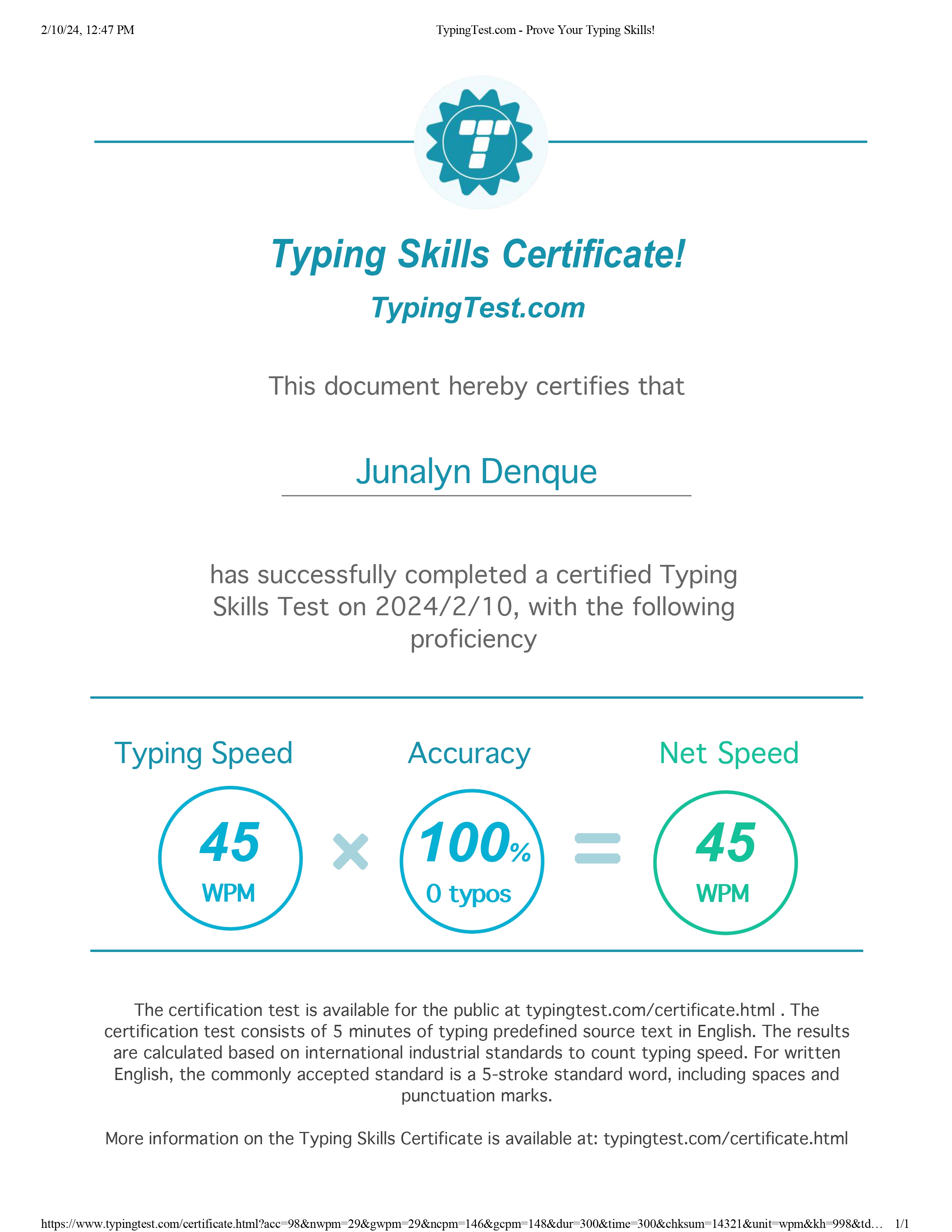 Typing Test Certificate