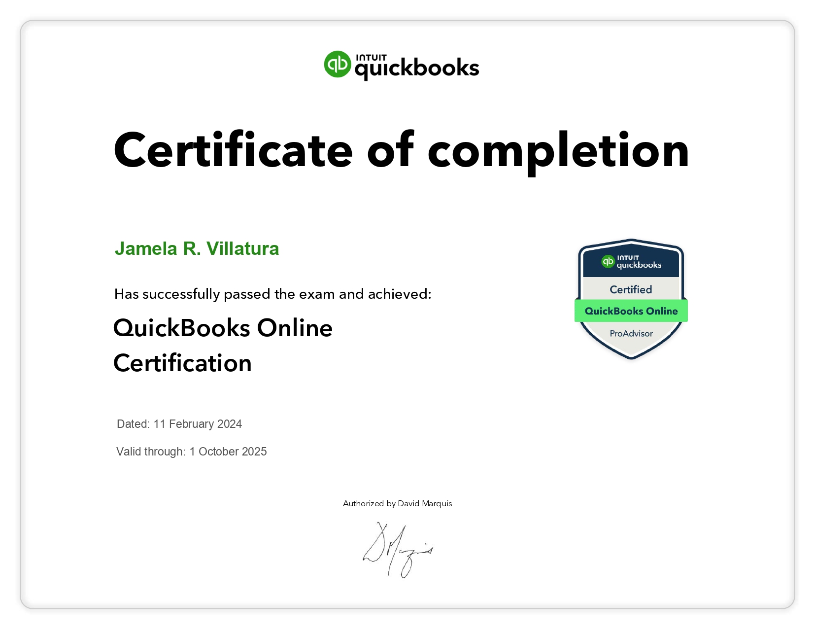Certified QuickBooks Online ProAdvisor
