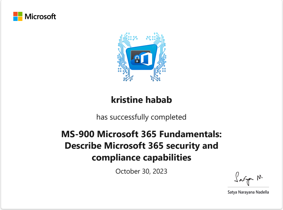 Certificate of completion - Describe Microsoft 365 security and compliance capabilities