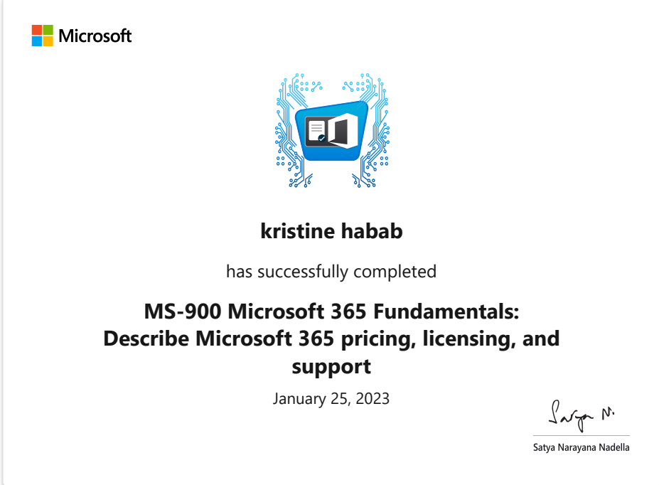 Certificate of completion - Describe Microsoft 365 pricing, licensing, and support