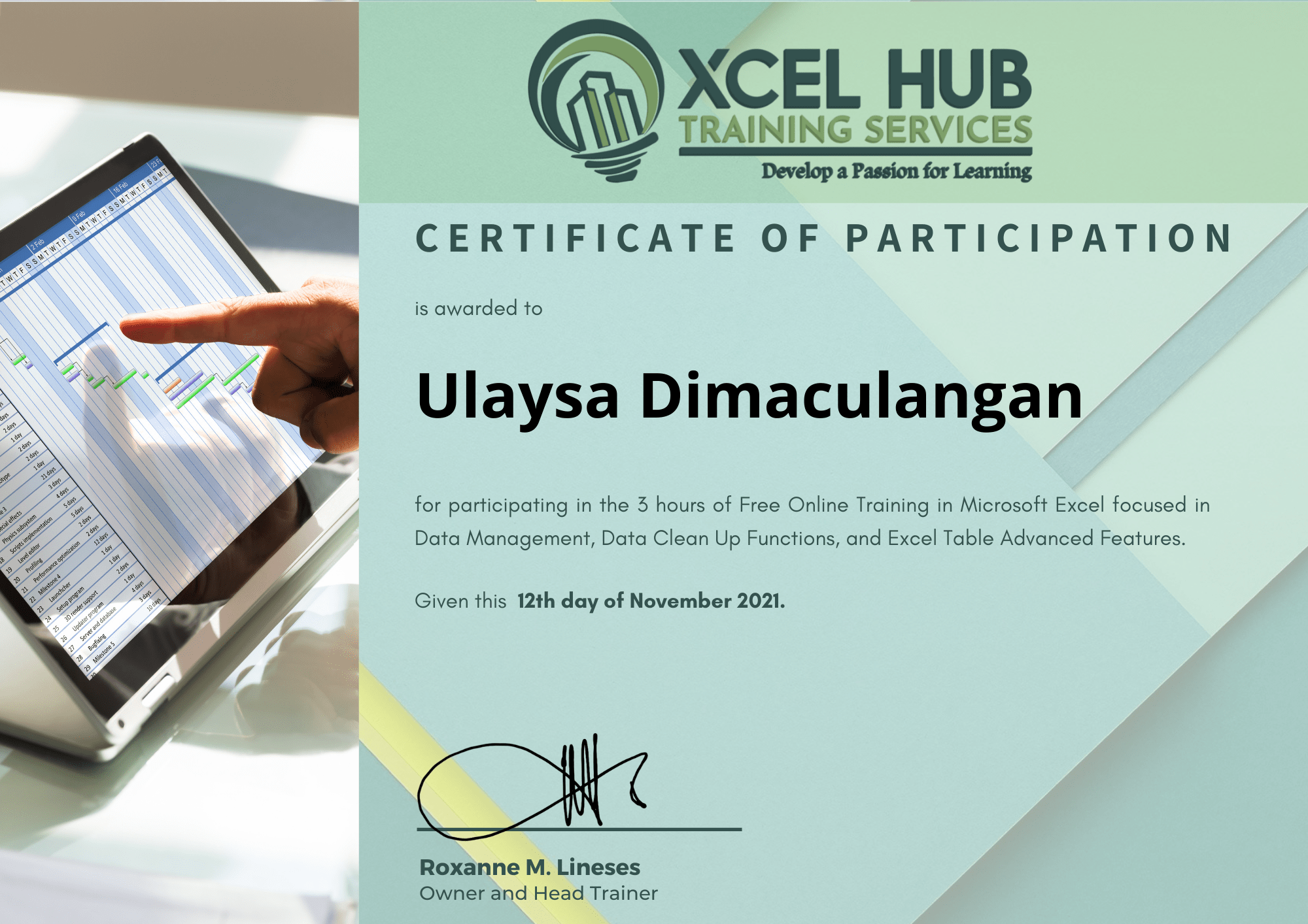 Microsoft Excel focused in  Data Management, Data Clean Up Functions, and Excel Table Advanced Features