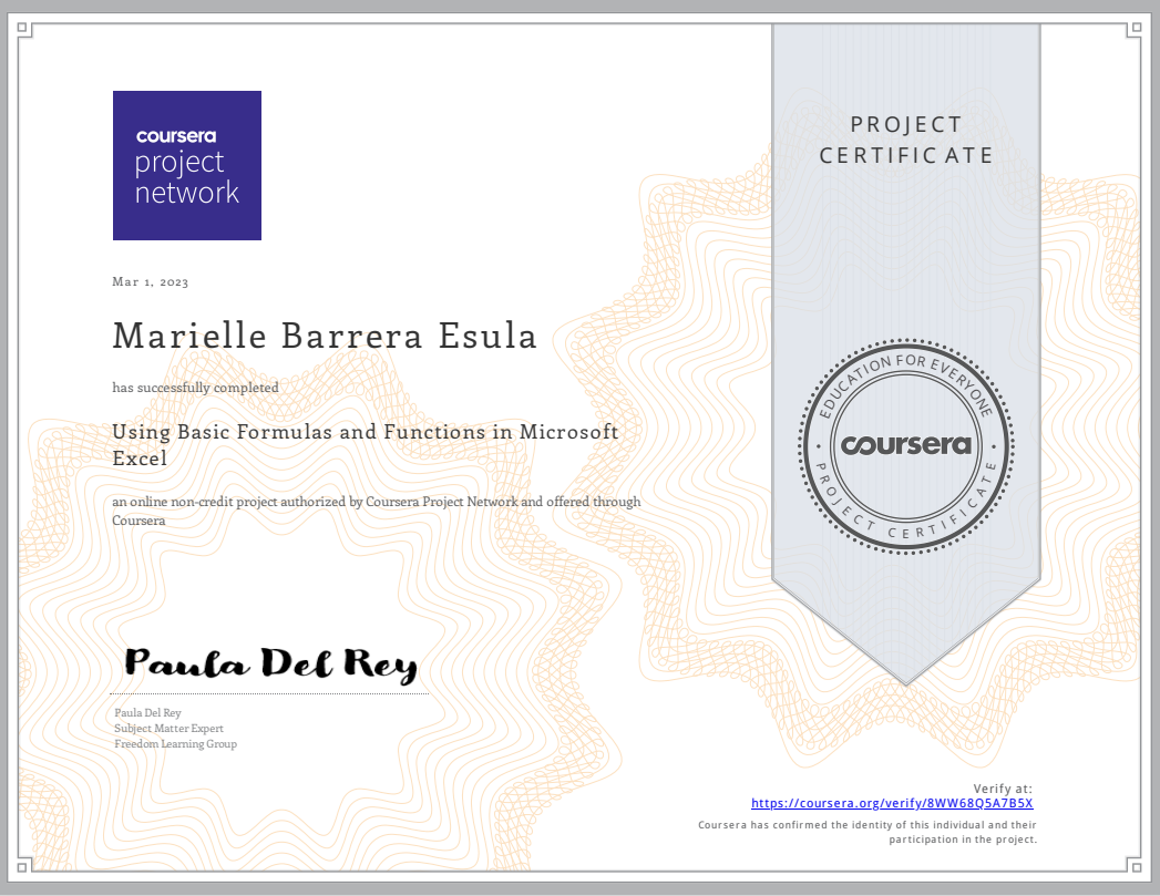 Cousera Certificate- Using Basic Formulas and Functions in Microsoft