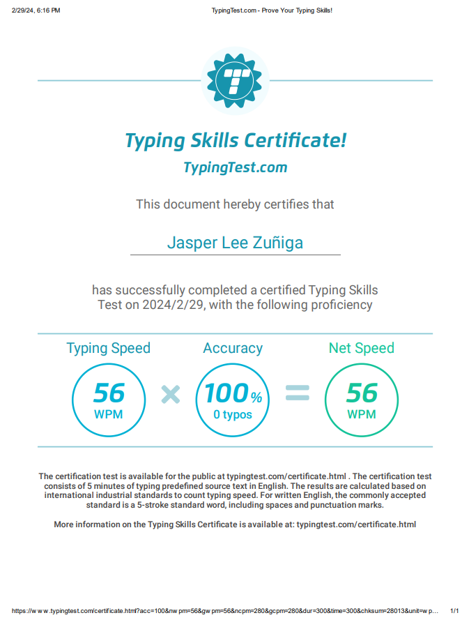 Typingtest certificate