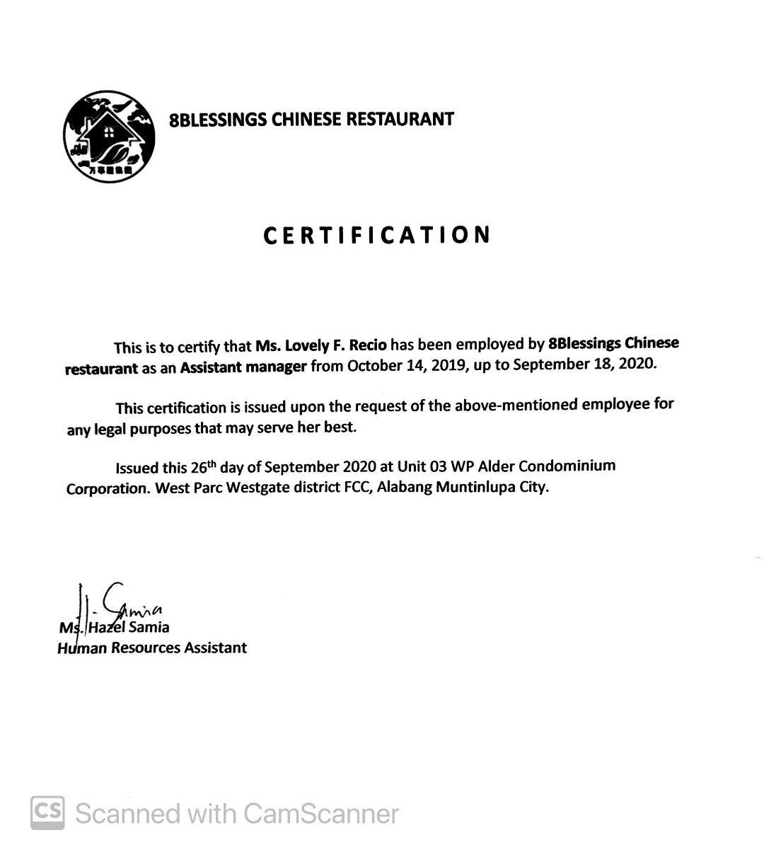 8Blessings Certificate of Employment