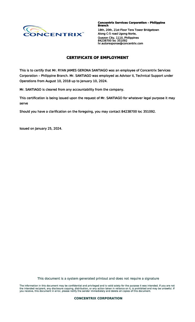 Concentrix Certificate of Employment