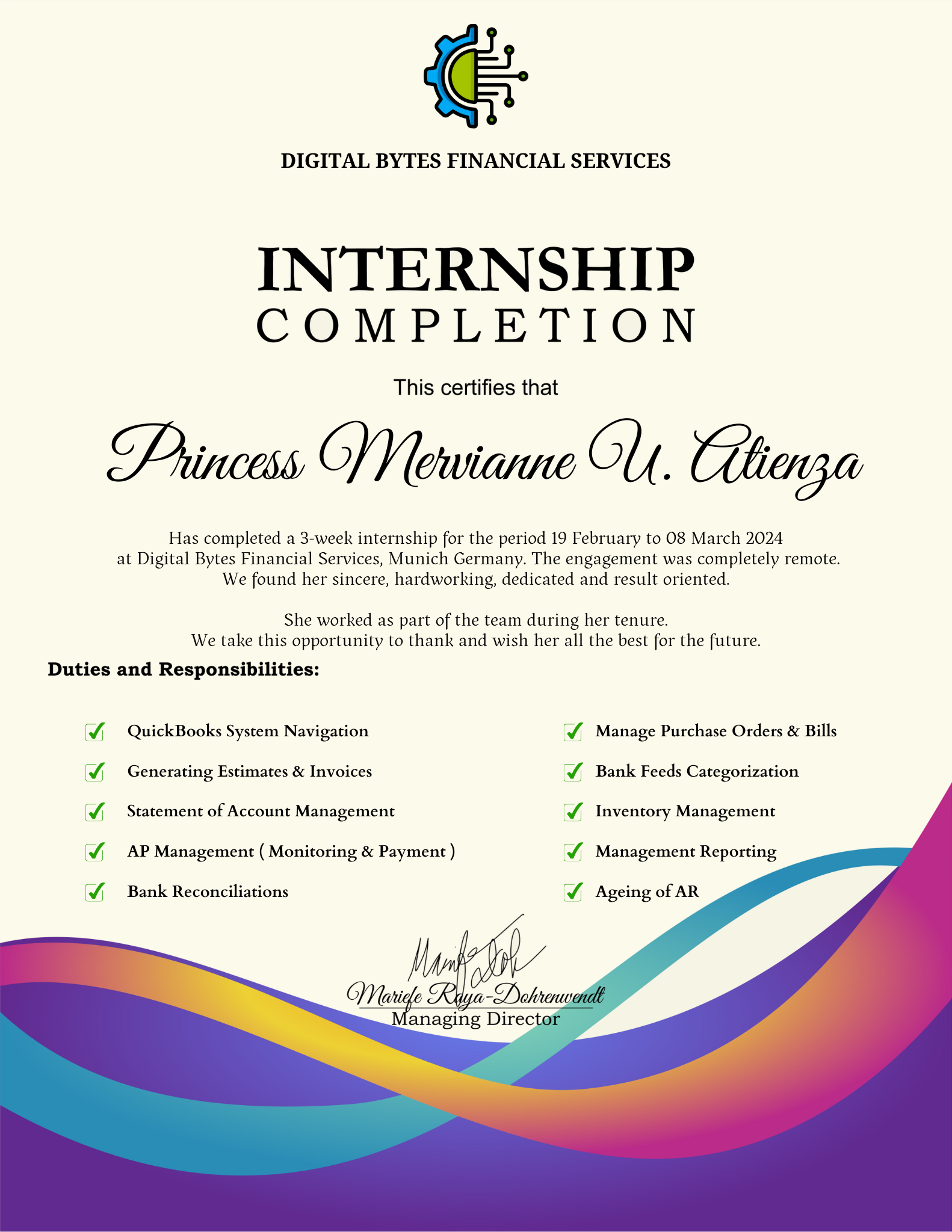 QuickBooks Internship Certificate