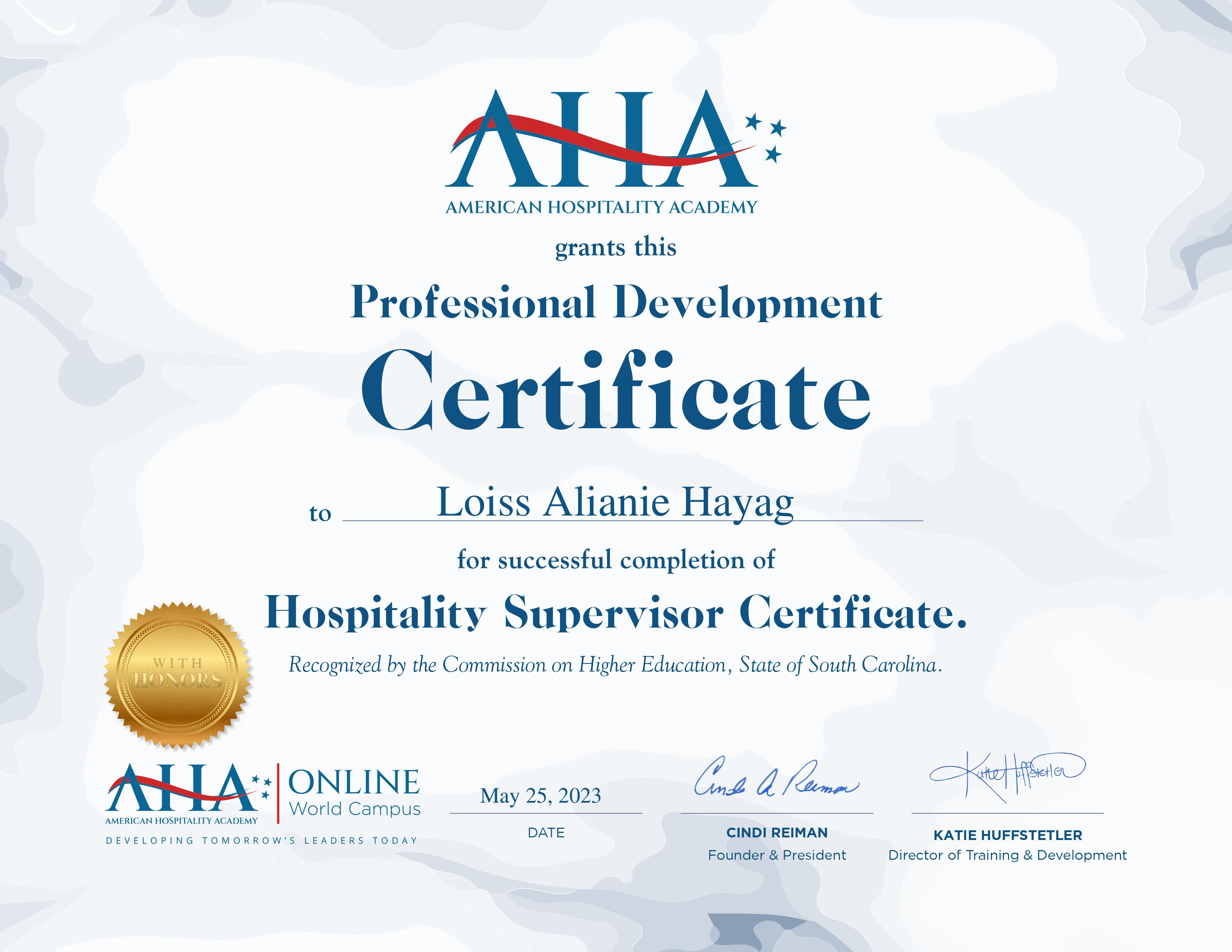 Hospitality Supervisor Certificate