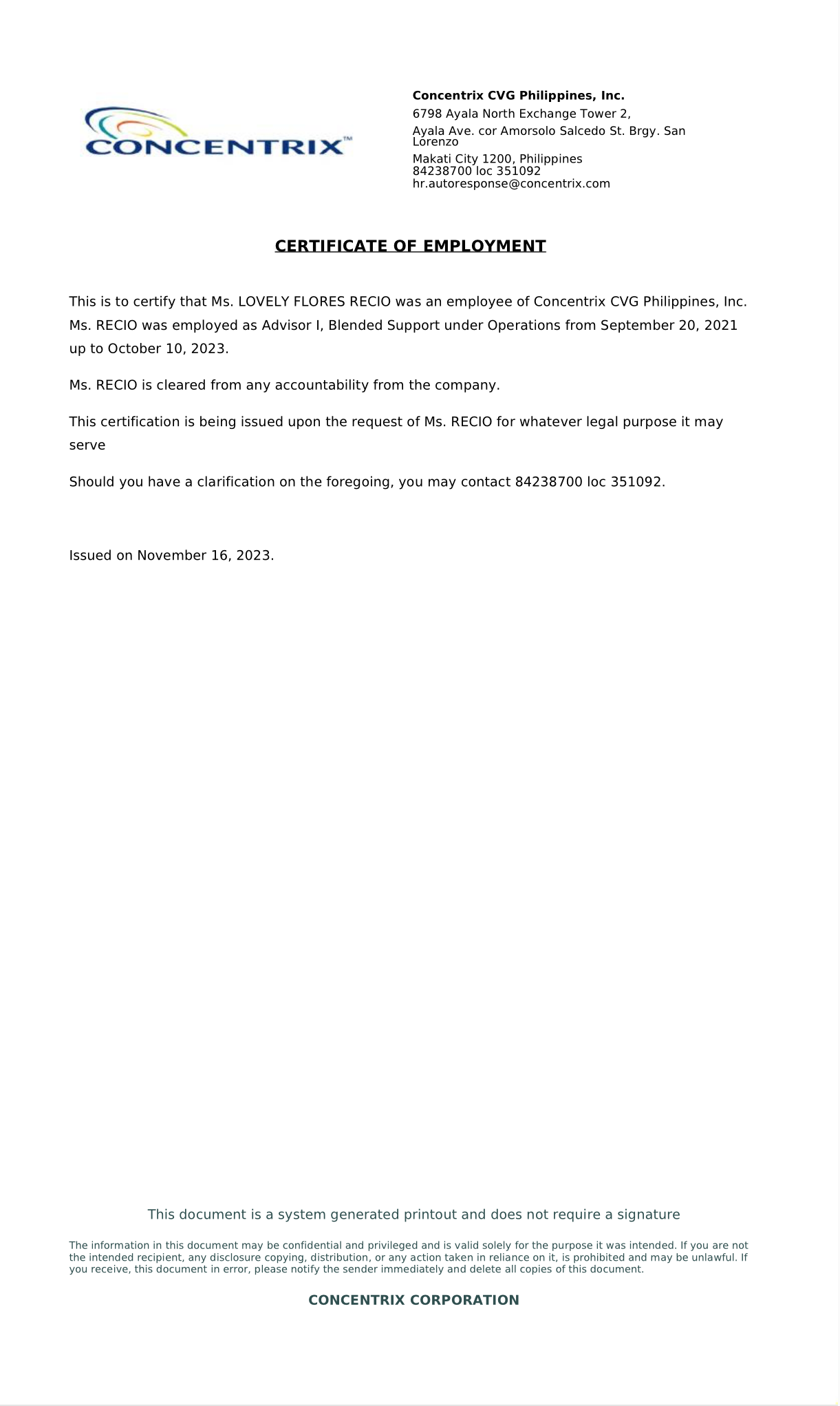 Concentrix Certificate of Employment