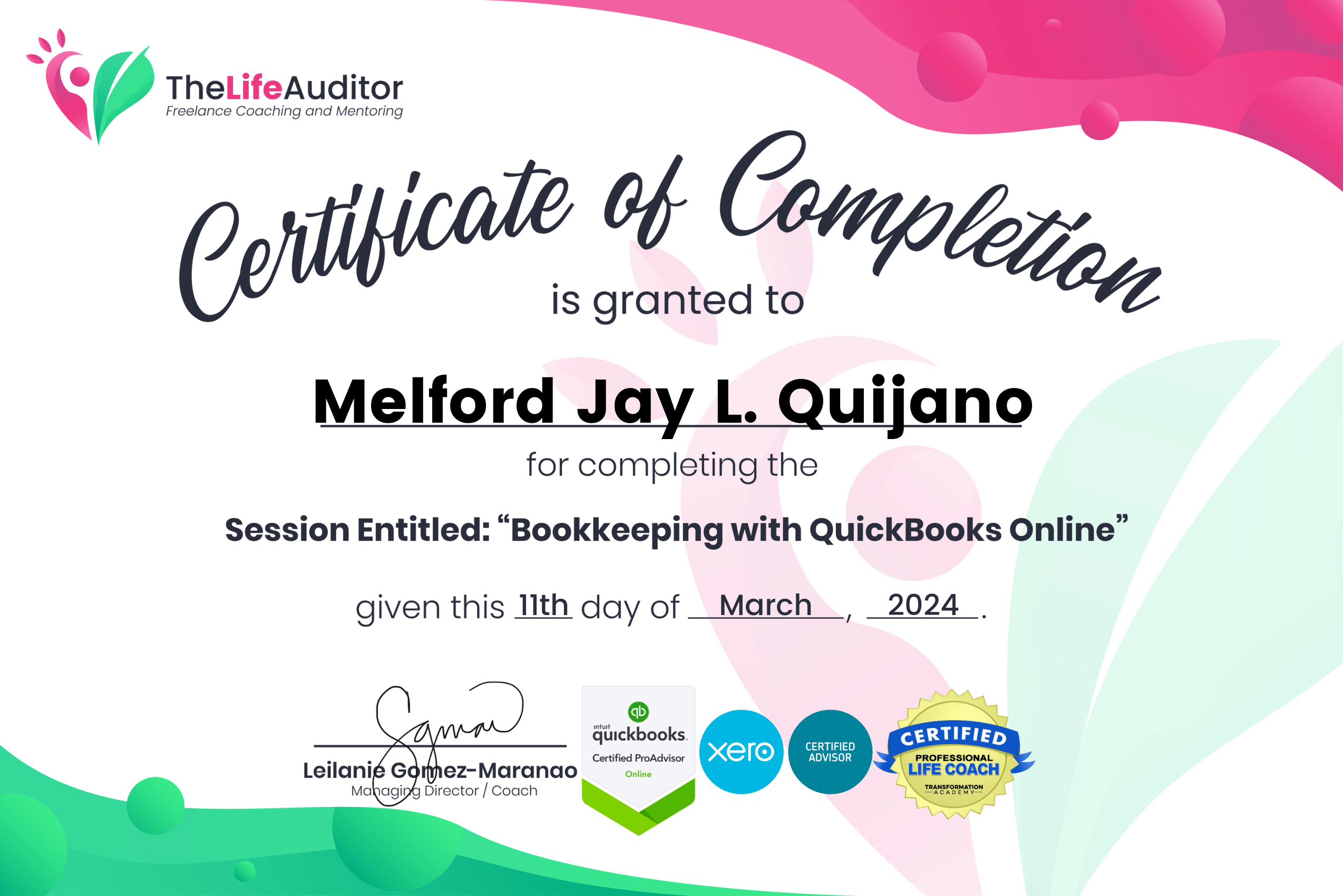 Certificate for Completion - QBO