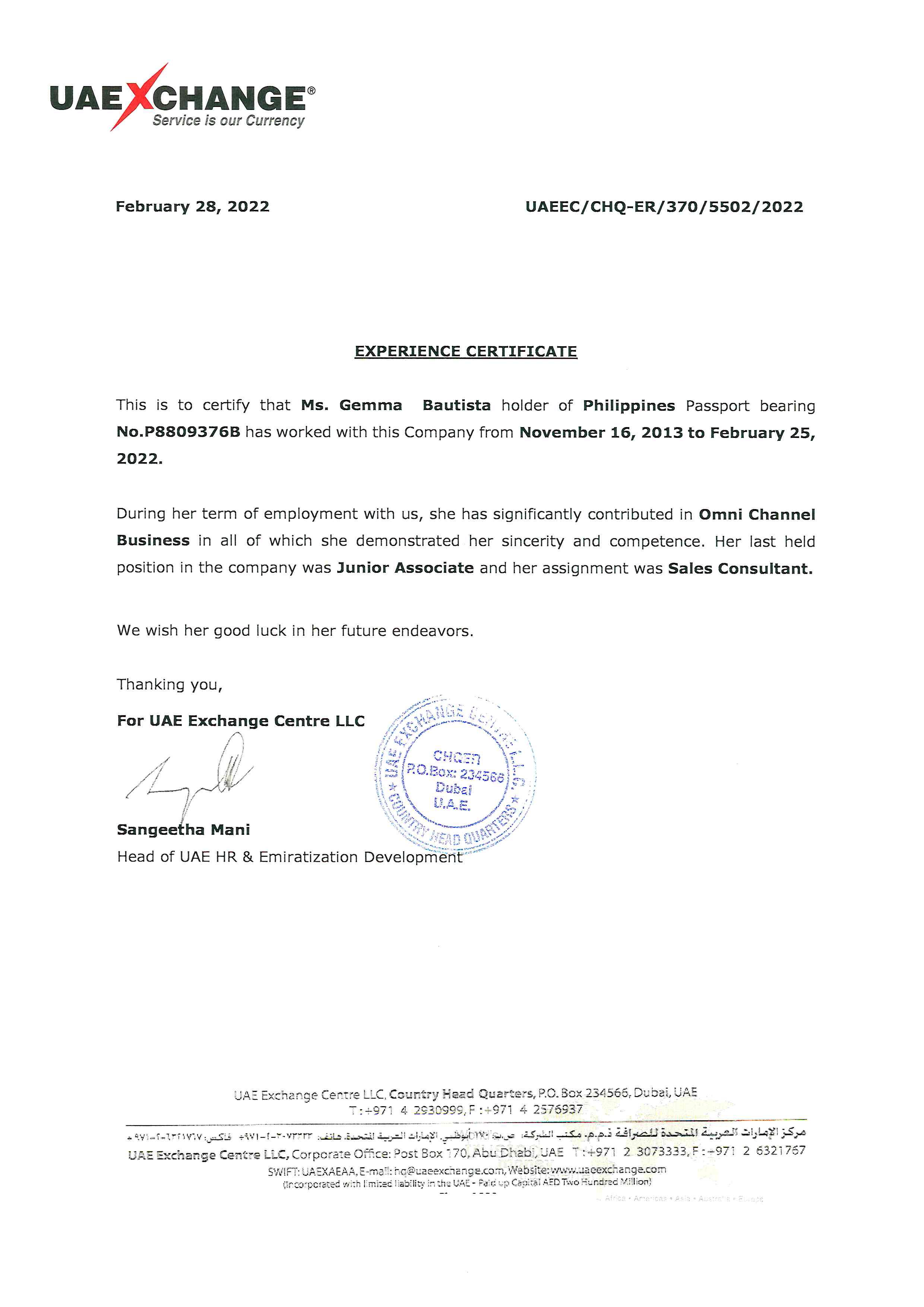 C2 UAE EXCHANGE CENTRE LLC EXPERIENCE CERTIFICATE