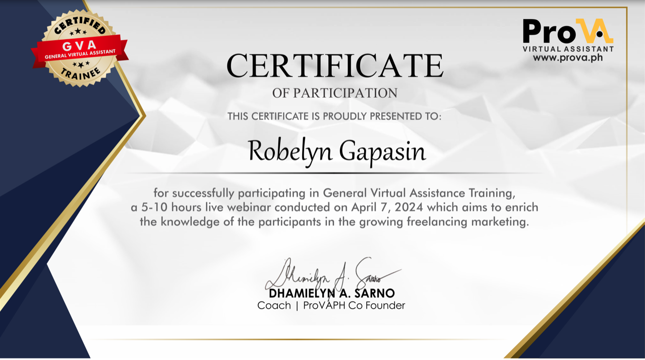 Certificate of  Virtual Assistant Training
