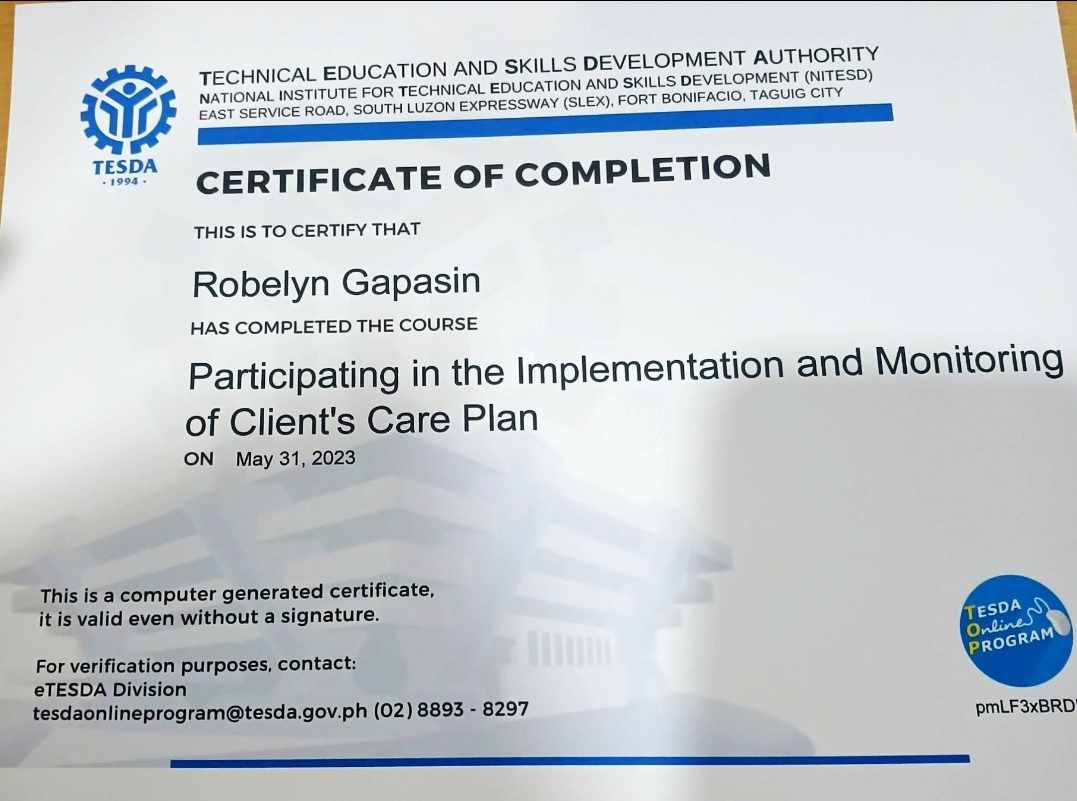 Certificate of upskilling medical care