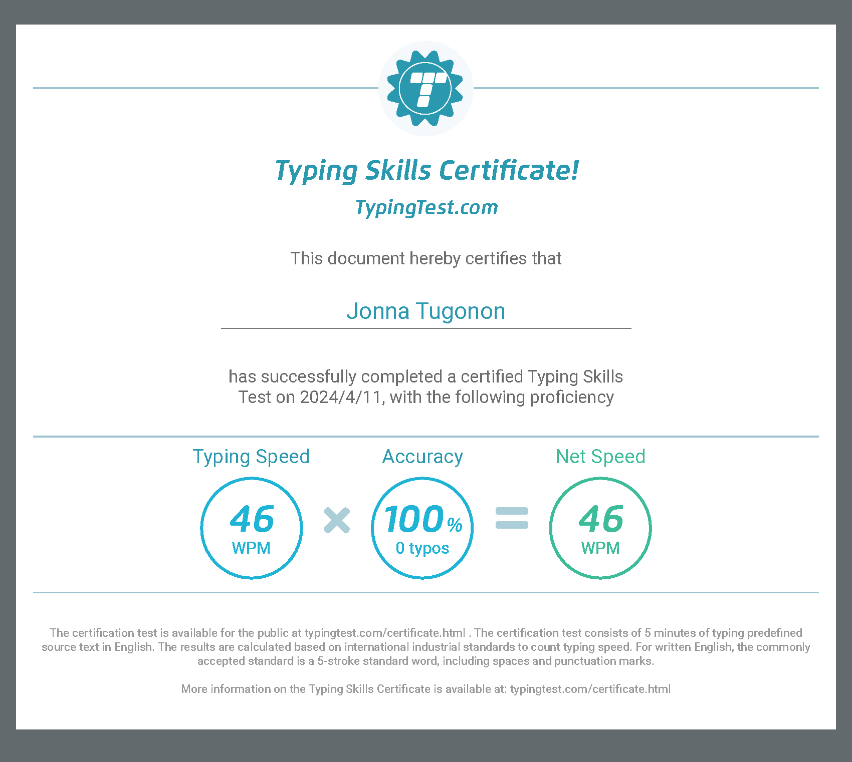 TYPING SKILLS CERTIFICATE