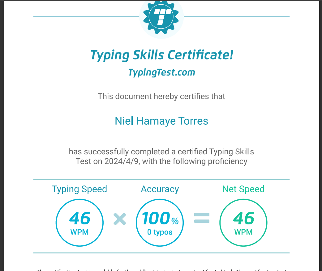 TYPING TEST CERTIFICATE