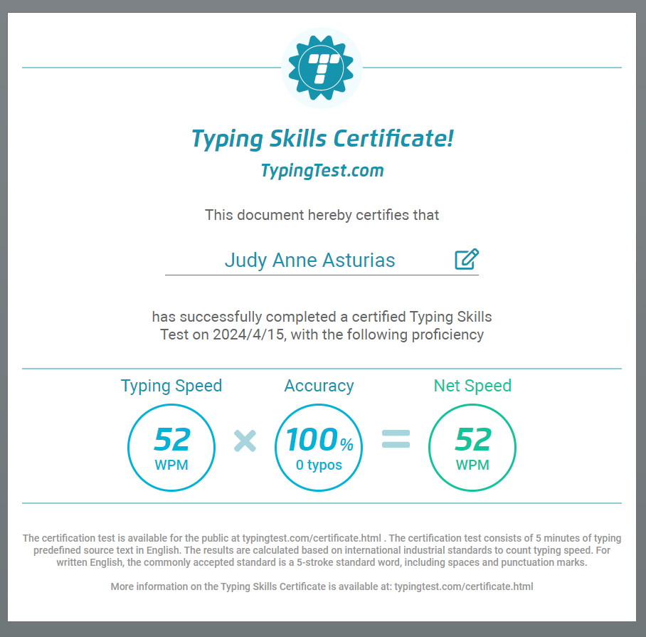 Typing Certificate