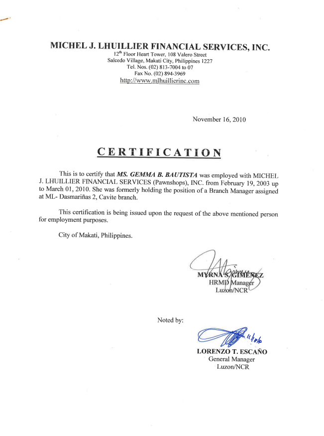 C1 MLHUILLIER Employment Certificate