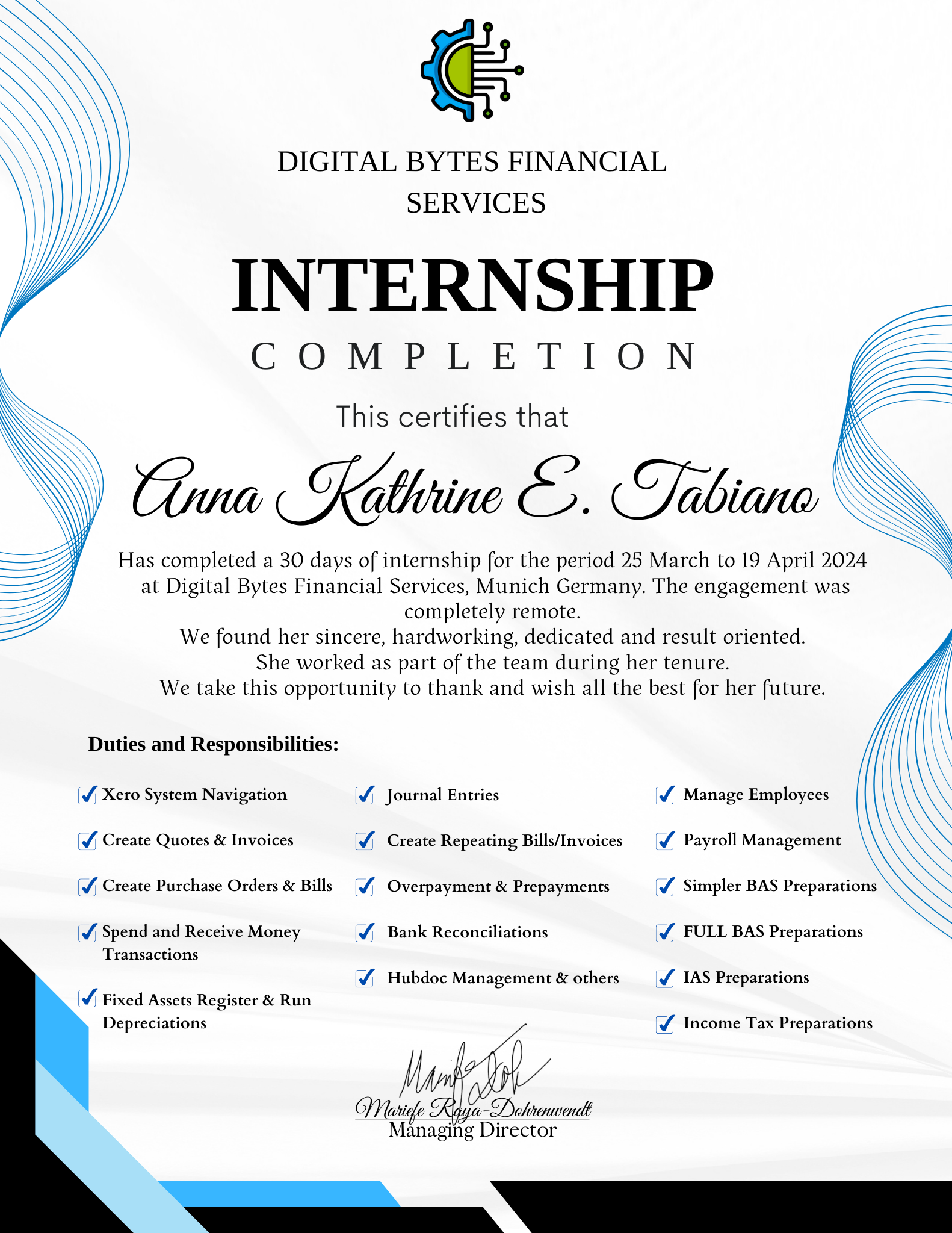 Bookkeeping Internship Completion