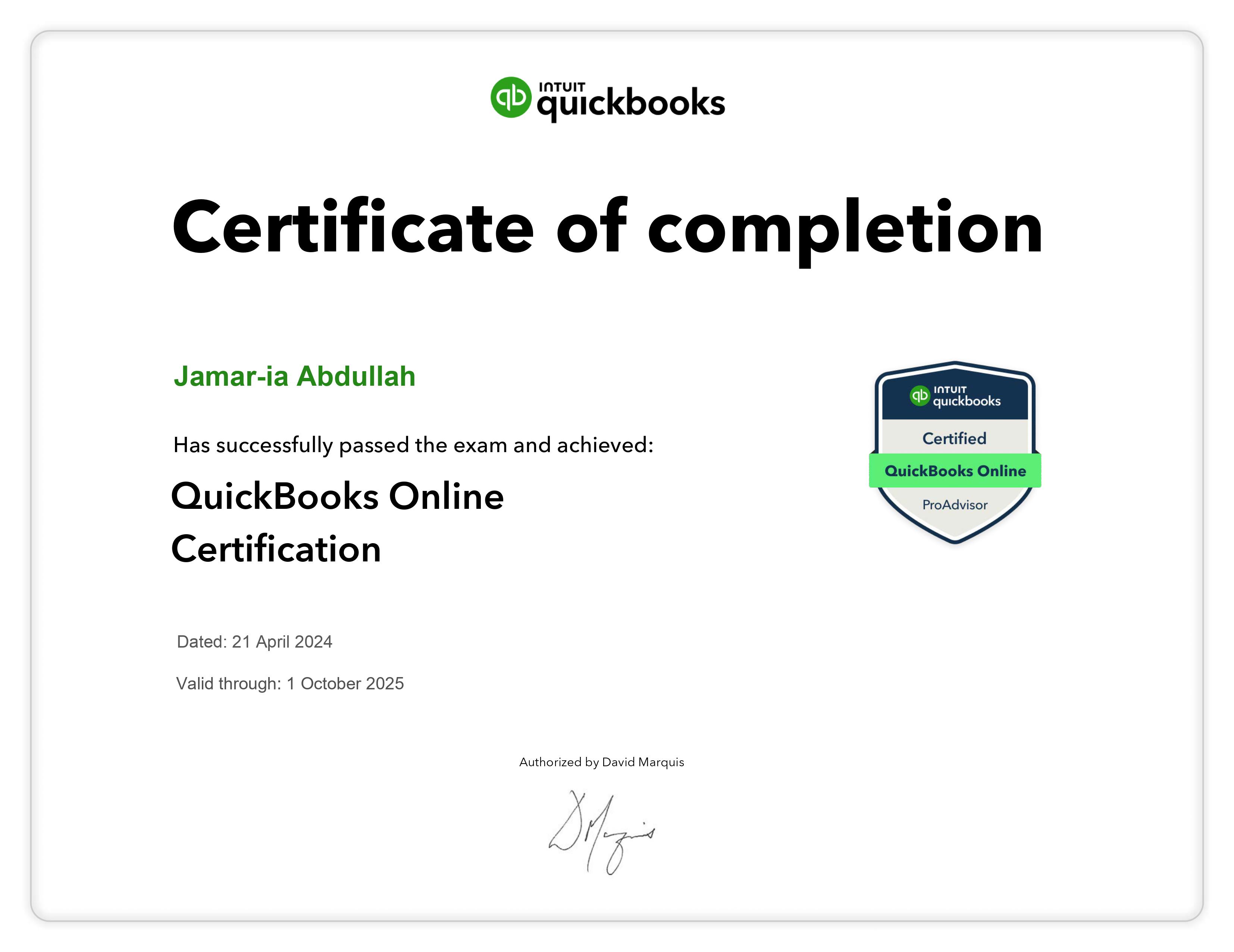 Quickbook online certificate