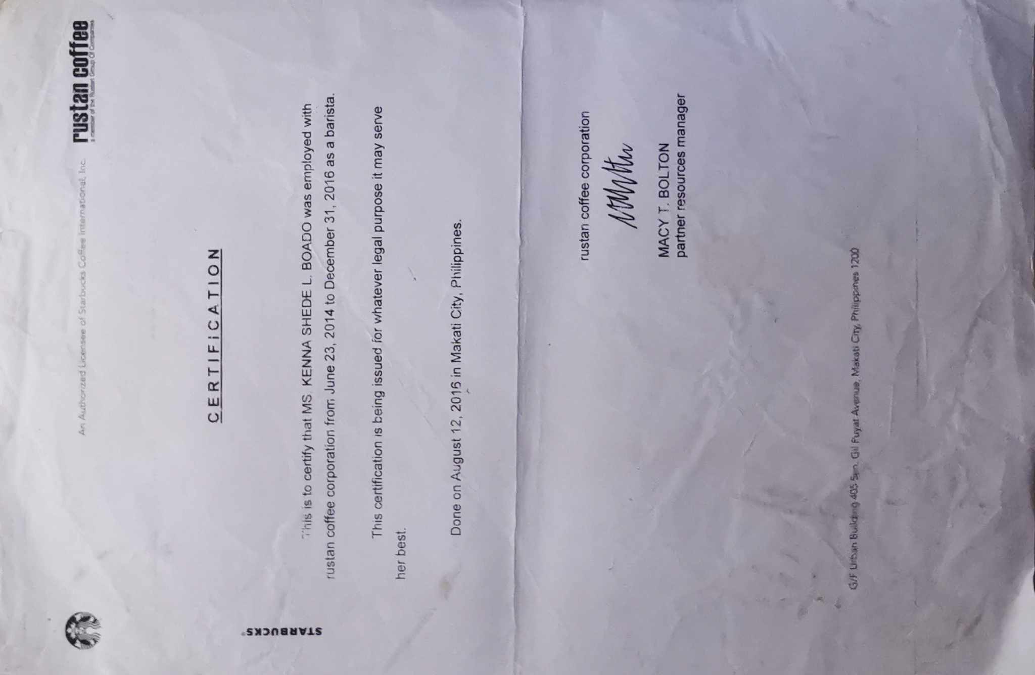 Certificate of Employment (previous job)