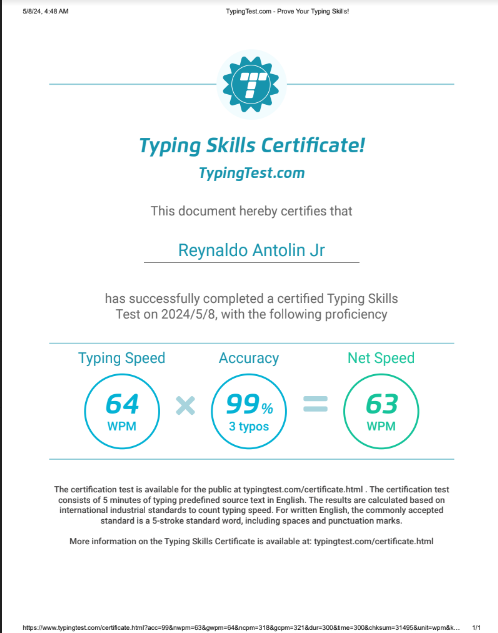 Typing Test Certificate