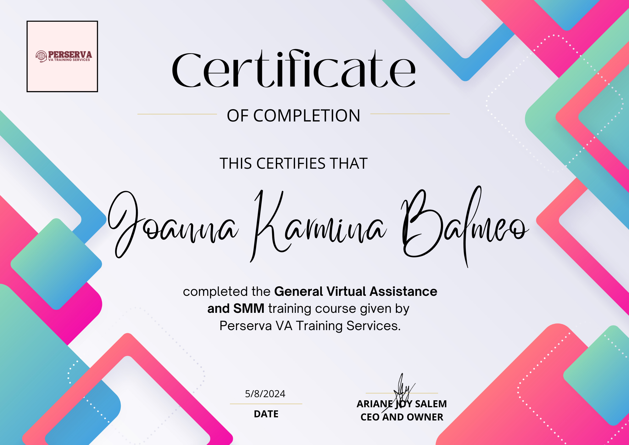 General Virtual Assistant Certificate from Perserva
