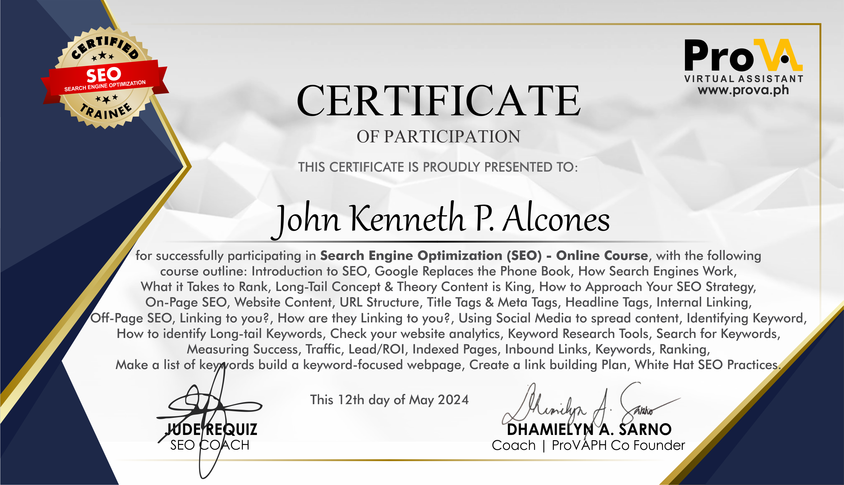 ProVA Search Engine Optimization Certificate