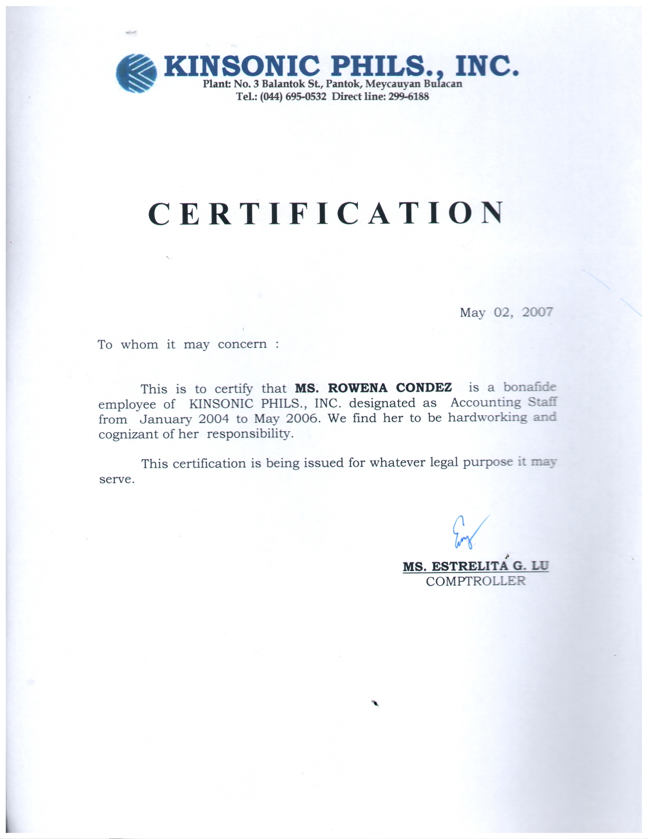 Kinsonic Certificate of Employment