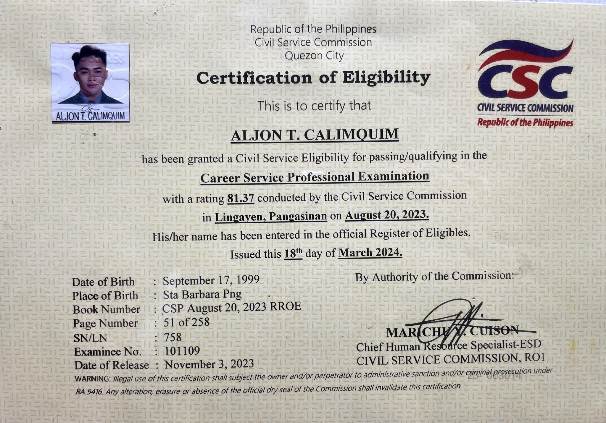 CAREER SERVICE EXAMINATION - PROFESSIONAL LEVEL