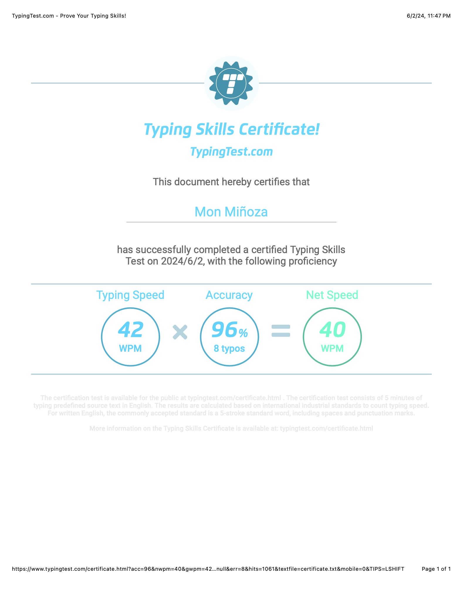 Typing Skills Certificate