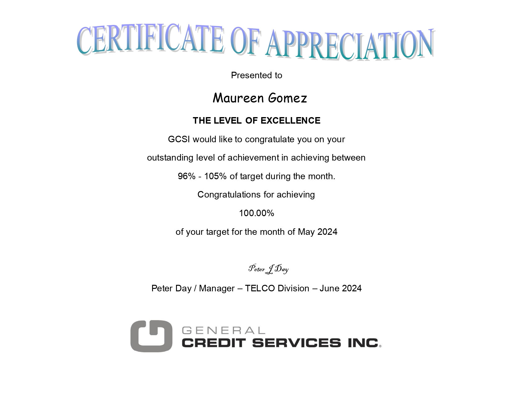 Silver - Certificate of Appreciation (95%-100% Goal)