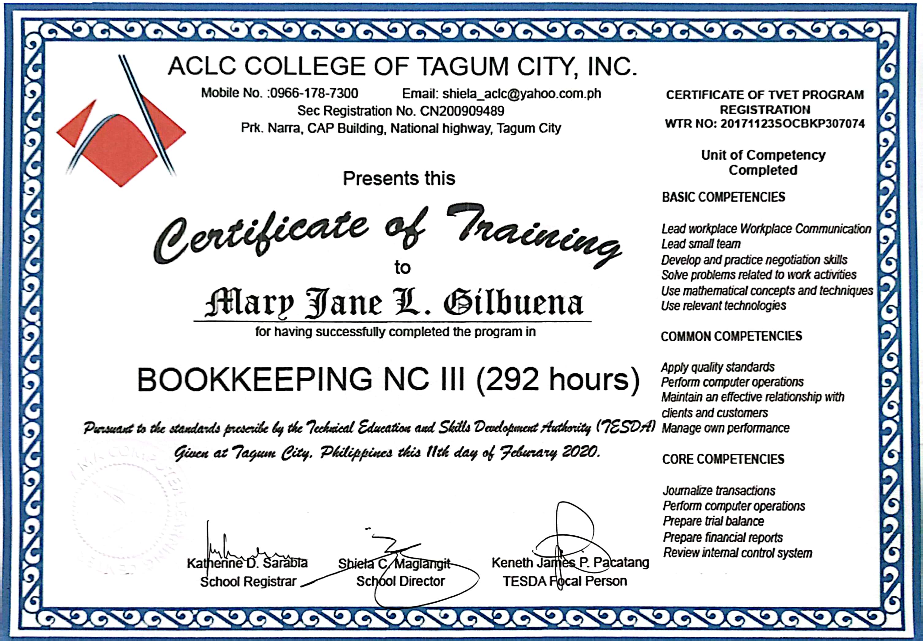 Bookkeeping NCIII Training Certificate