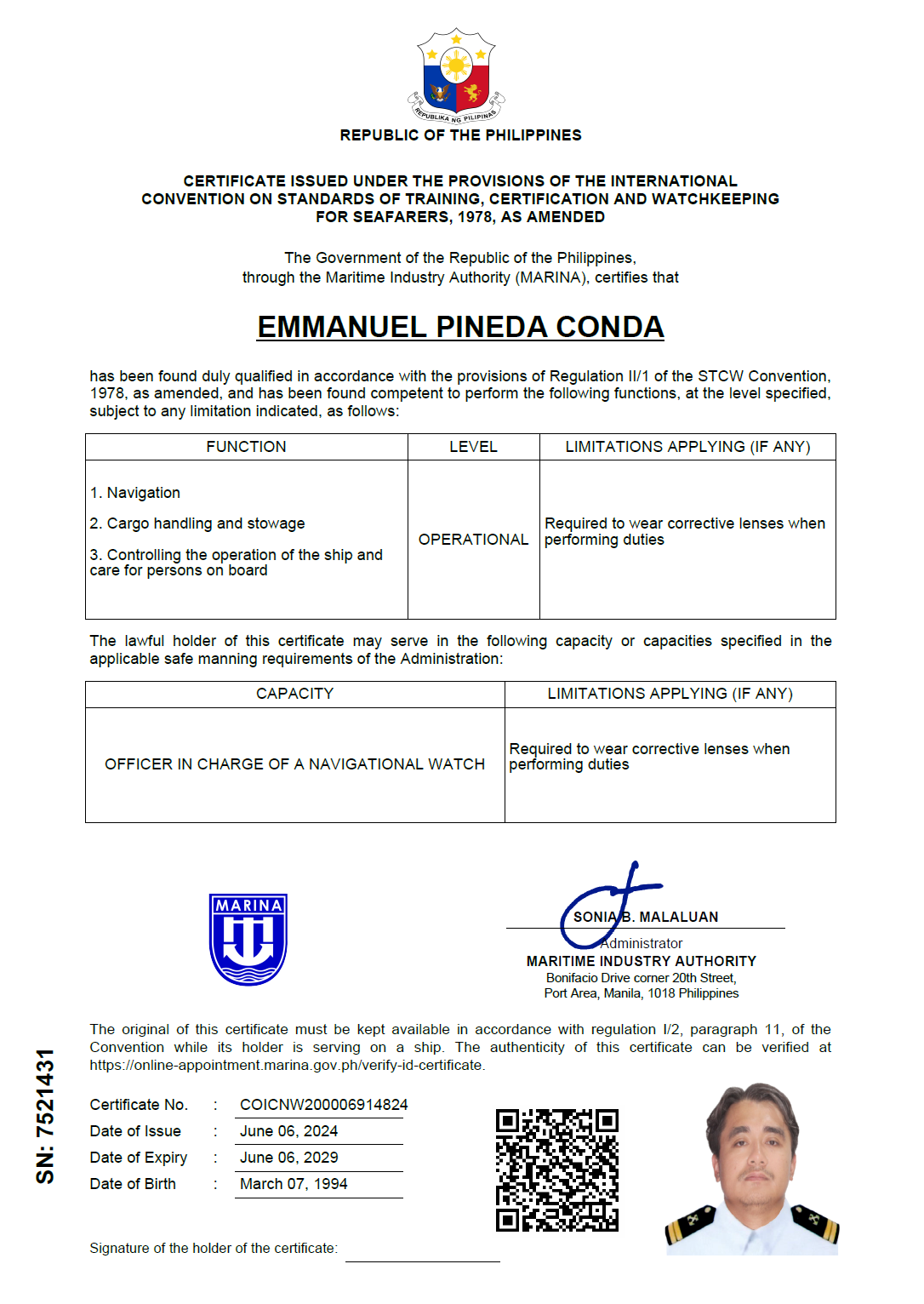 Seafarer Certificate of Competency