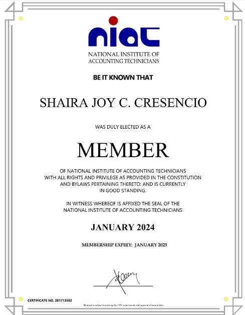 National Institue of Accountants Membership Certificate