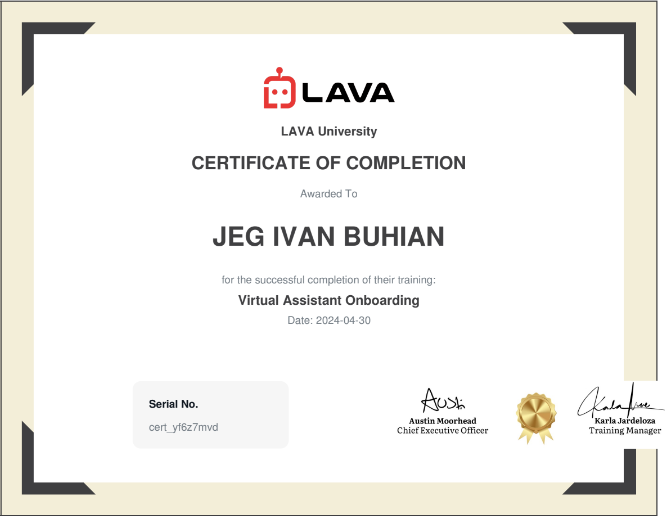 Certificate of Completion for Virtual Assistant