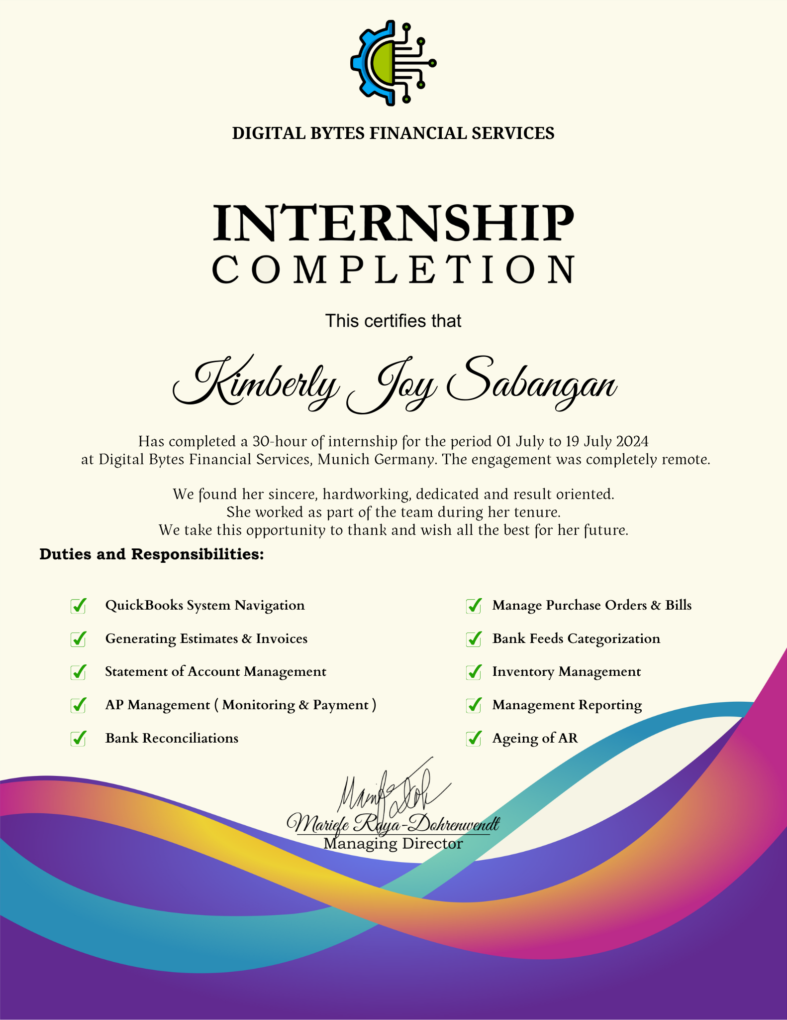 Quickbooks Internship Completion Certificate