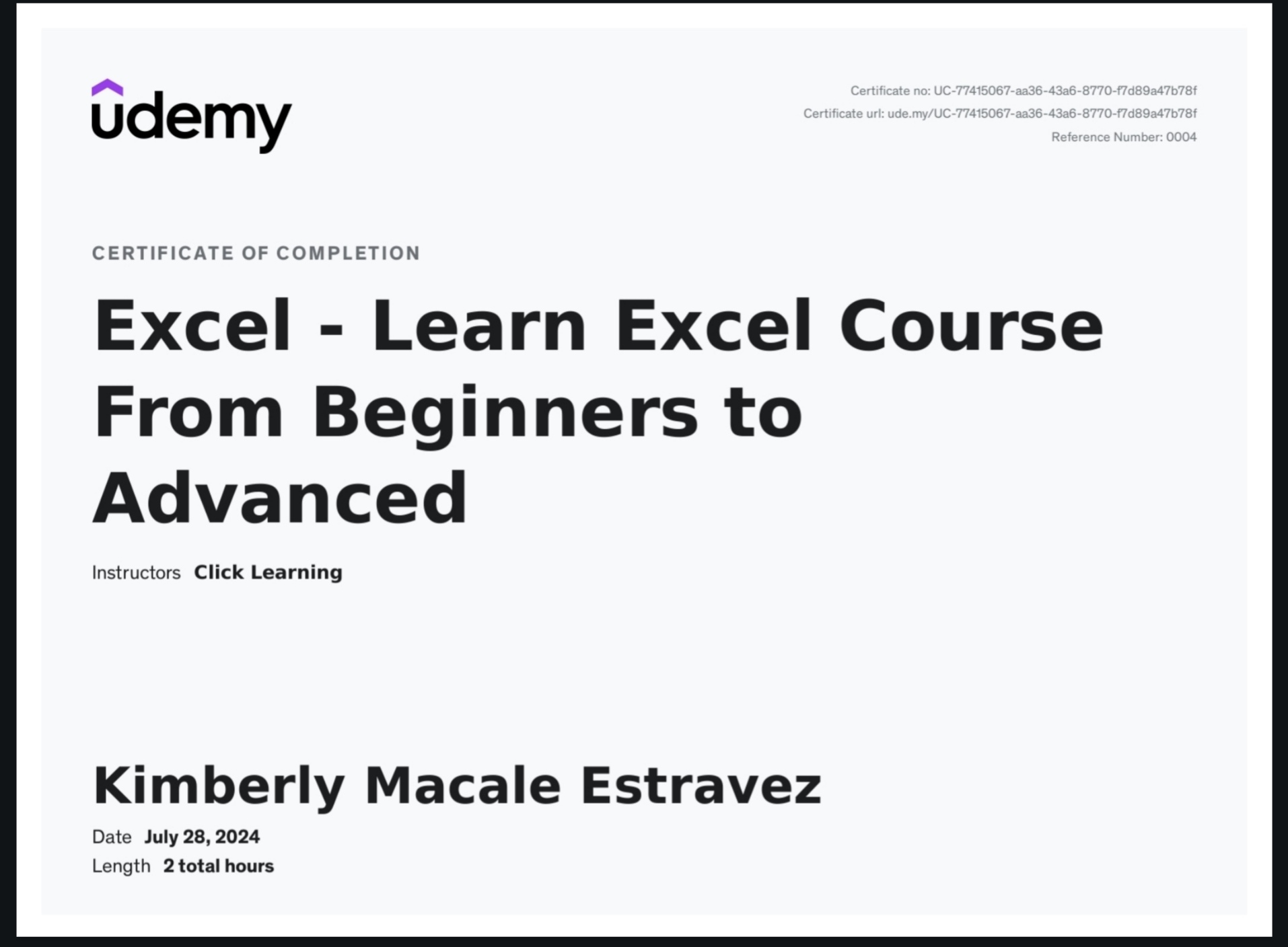 Certificate of learning excel course from beginners to advanced