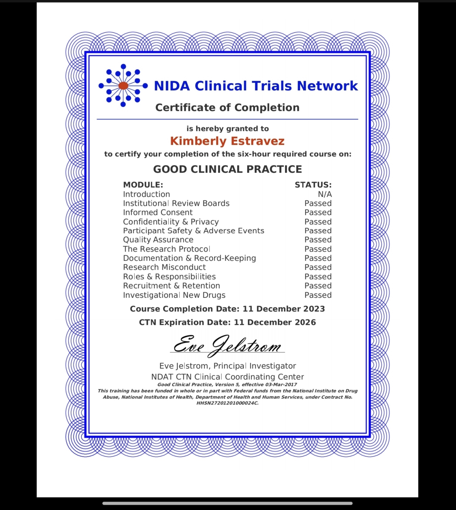Certificate for completing Good Clinical Practice