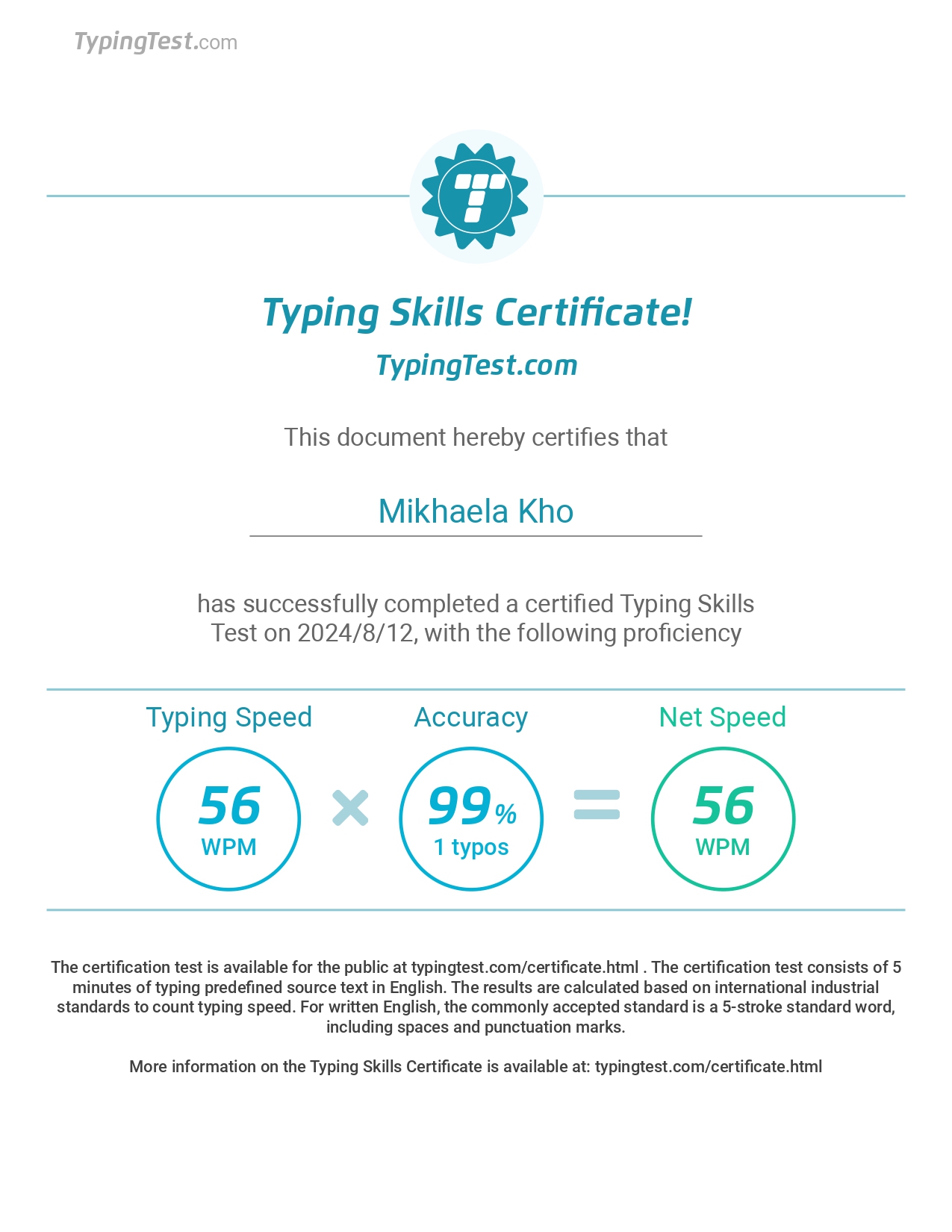 Typing Test Certificate