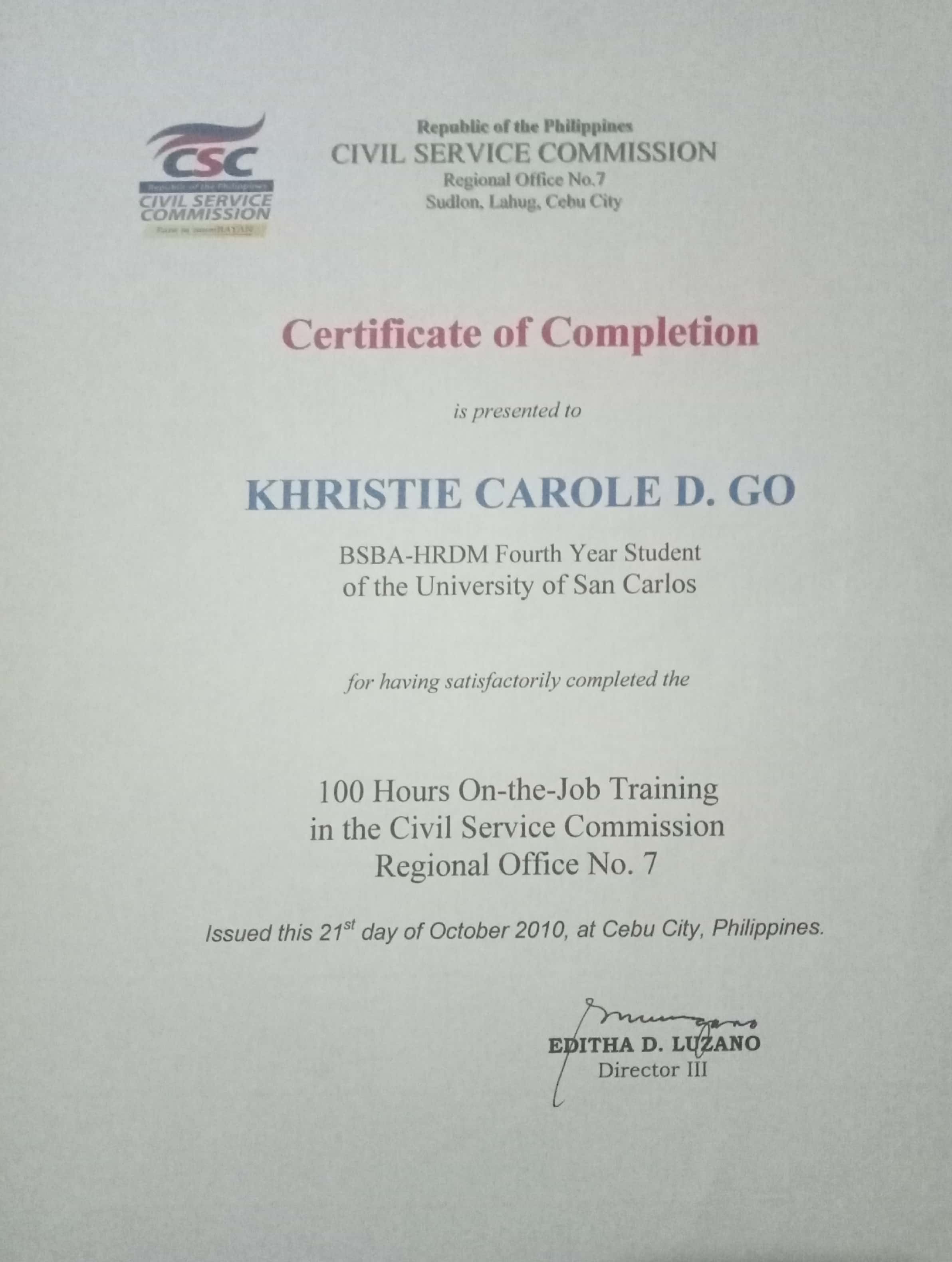 On-the-Job Training Certificate