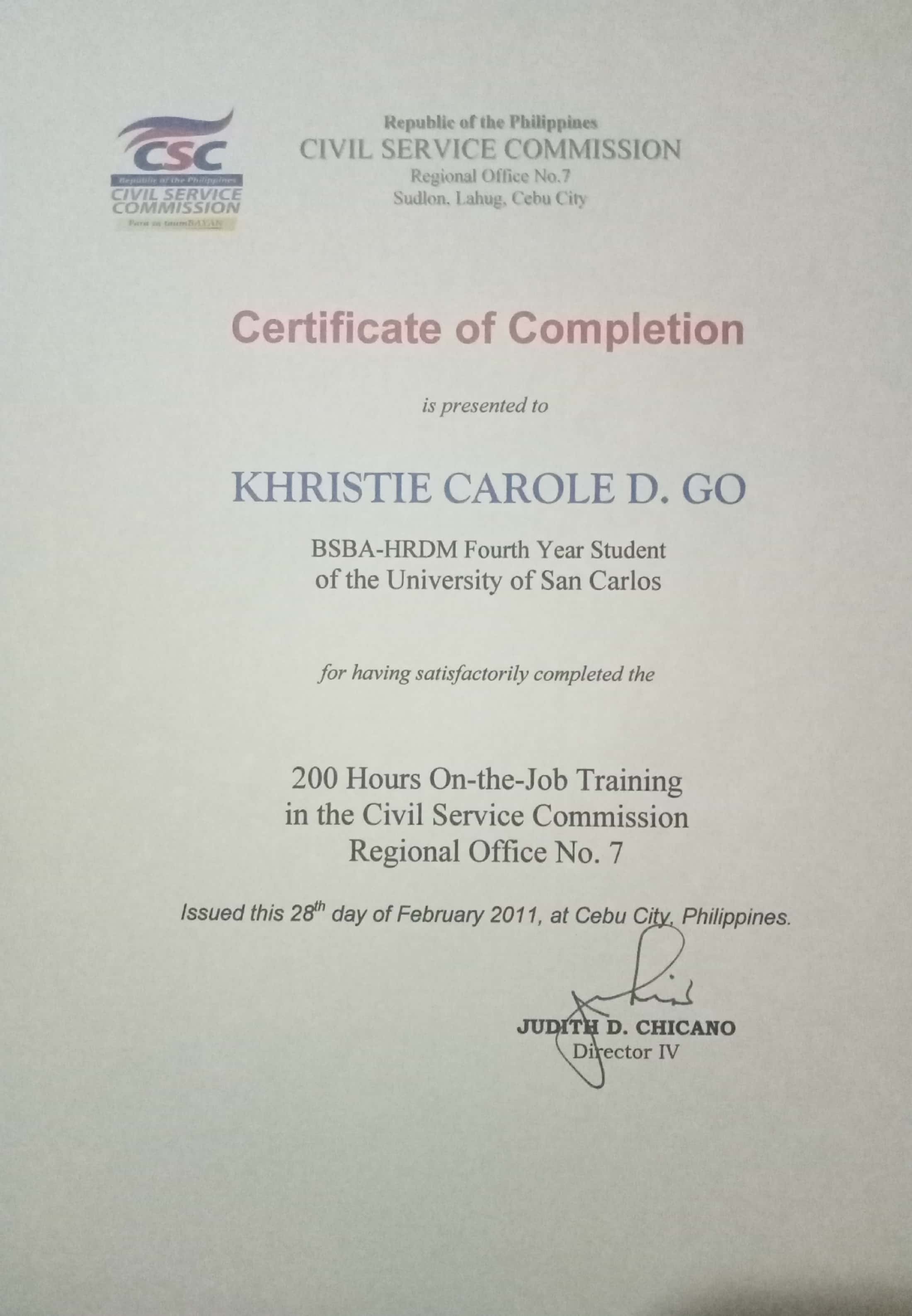 On-the-Job Training Certificate