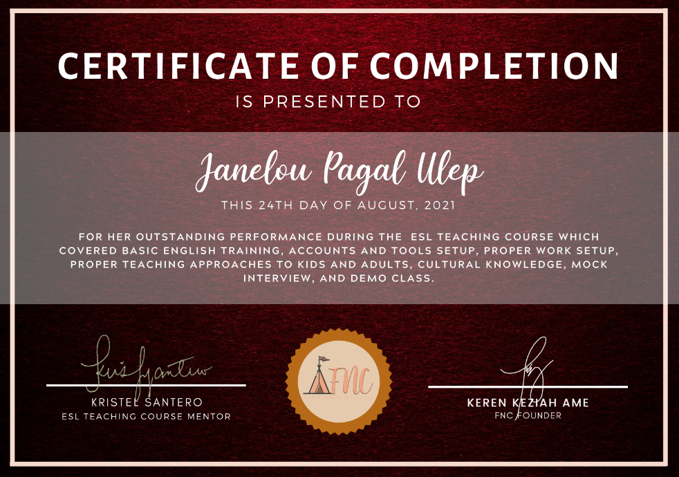 Certificate of Completion for ESL Tutor in FNCampsite programn