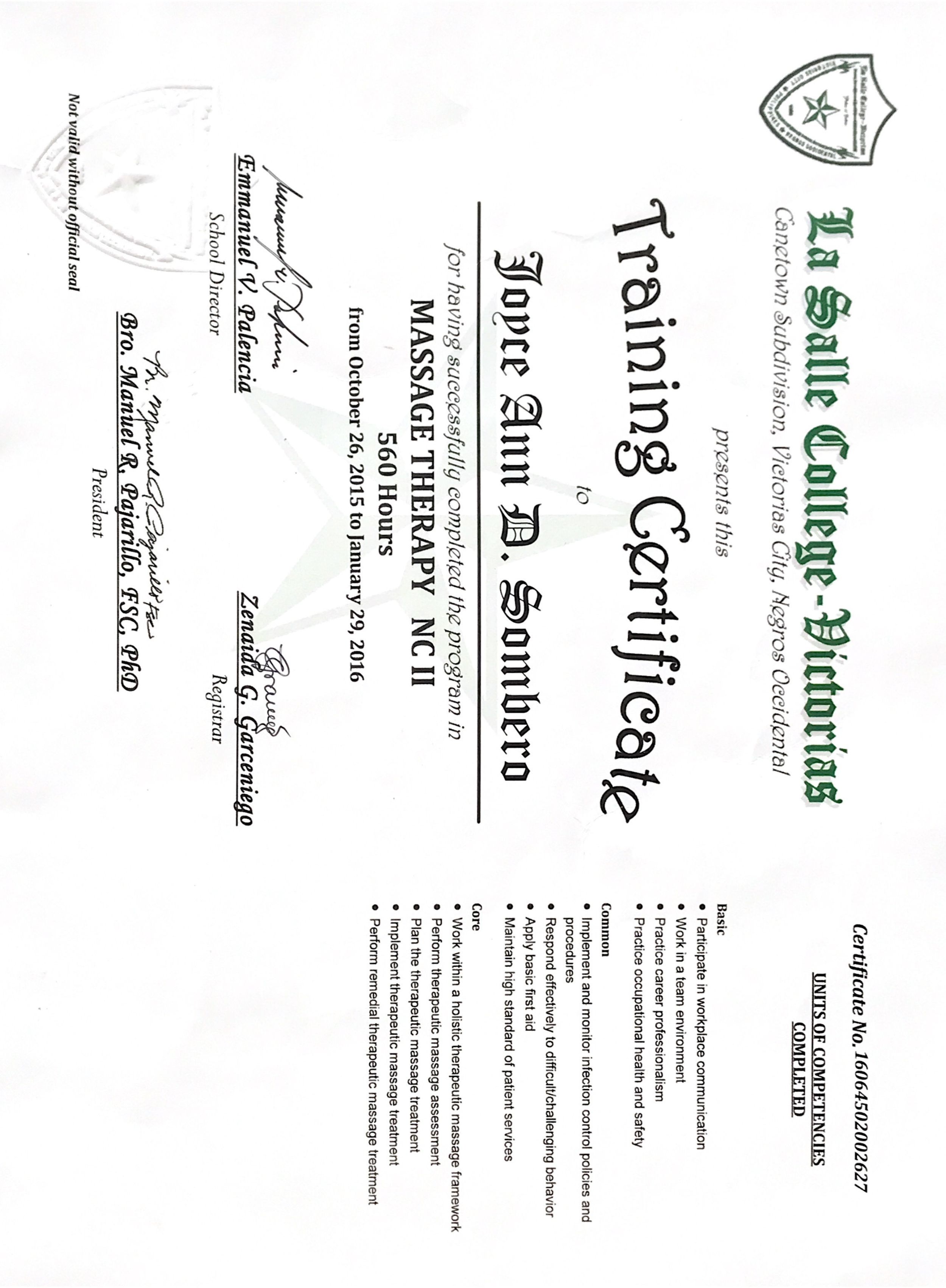 La Salle College Training Certificate