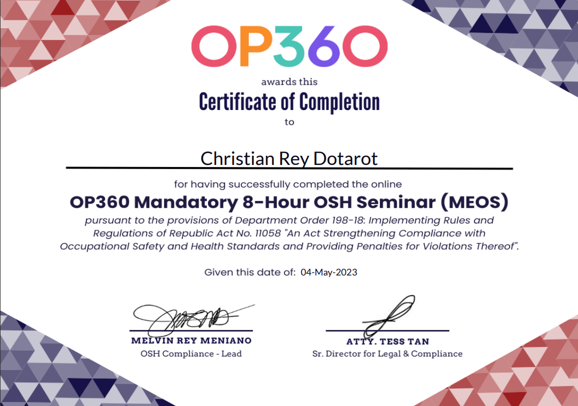 Certificate of Completion - OSH Seminar (MEOS)