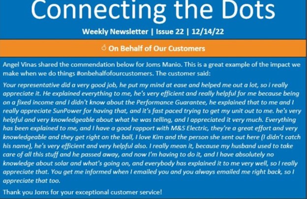 Customer Commendation from one of our Customer